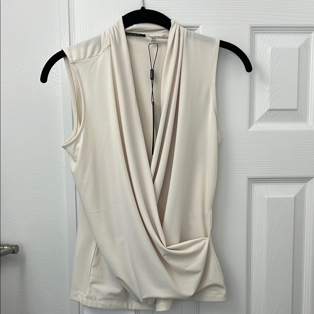 Tahari Cream Asymmetrical Wrap Blouse